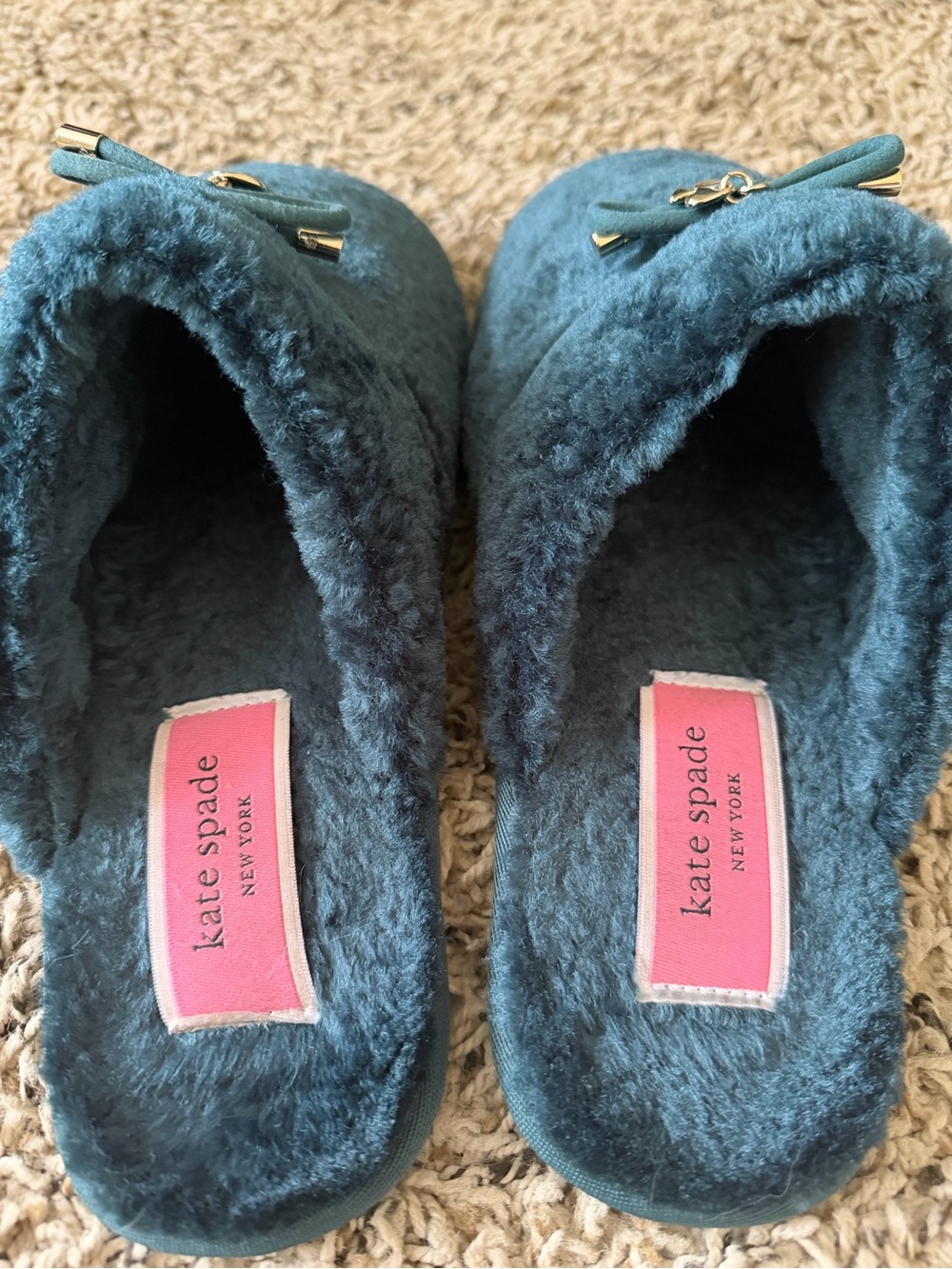 kate spade Plush Shearling Slide Slippers in Teal Blue with Bow Charm - Picture 3 of 4